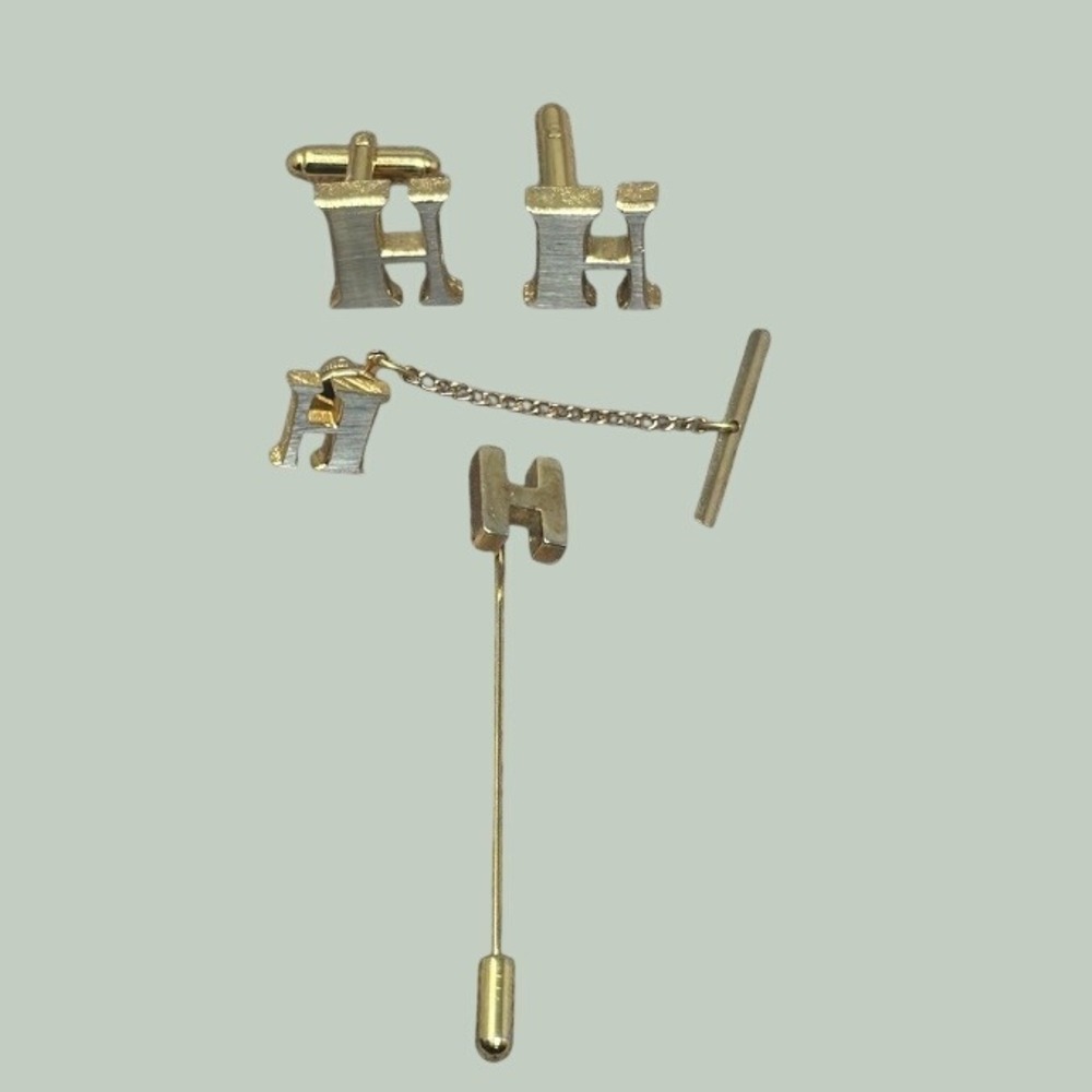 Vtg Dante Cufflink Tie Tack Stick Pin Set Gold Silver Initial H Mens
